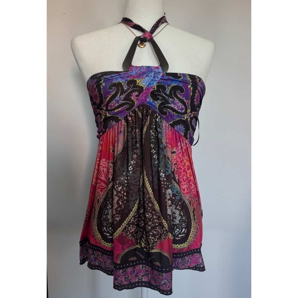 Boston Proper Paisley Halter Top Pink Y2K Boho Babydoll Blouse Womens Medium